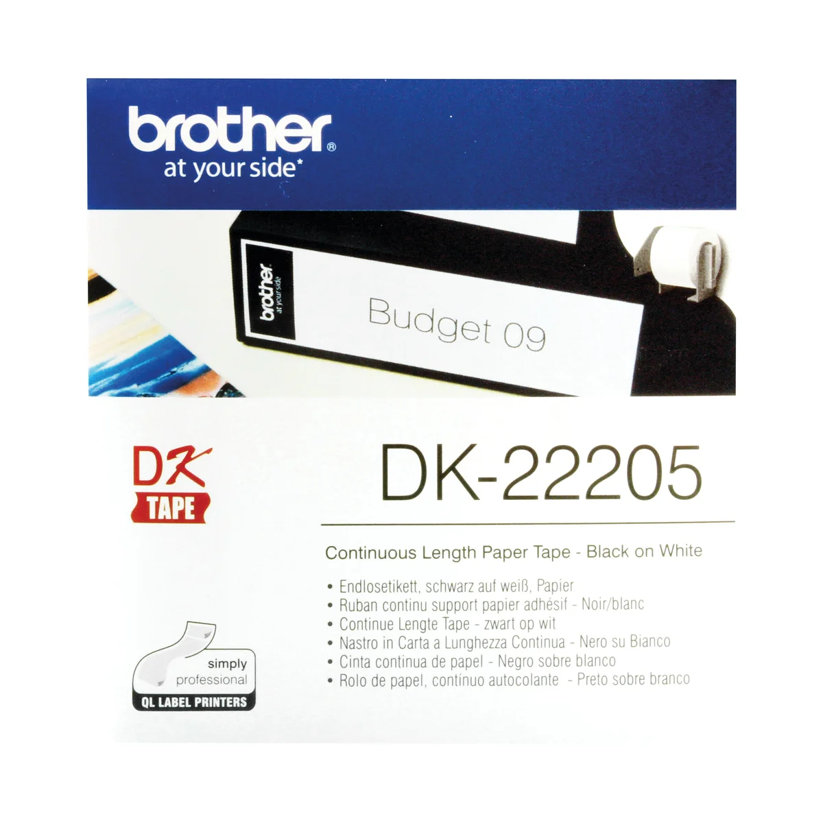 Brother Continuous Paper Labelling Tape 62mm x 30.48m Black on White DK22205 - Image 1