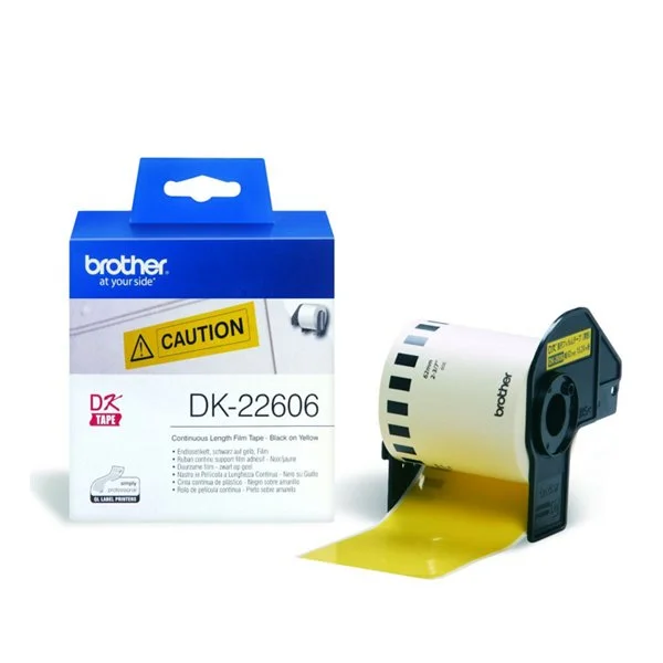 Brother Continuous Film Labelling Tape 62mm x 15.24m Black on Yellow DK22606 - Image 2