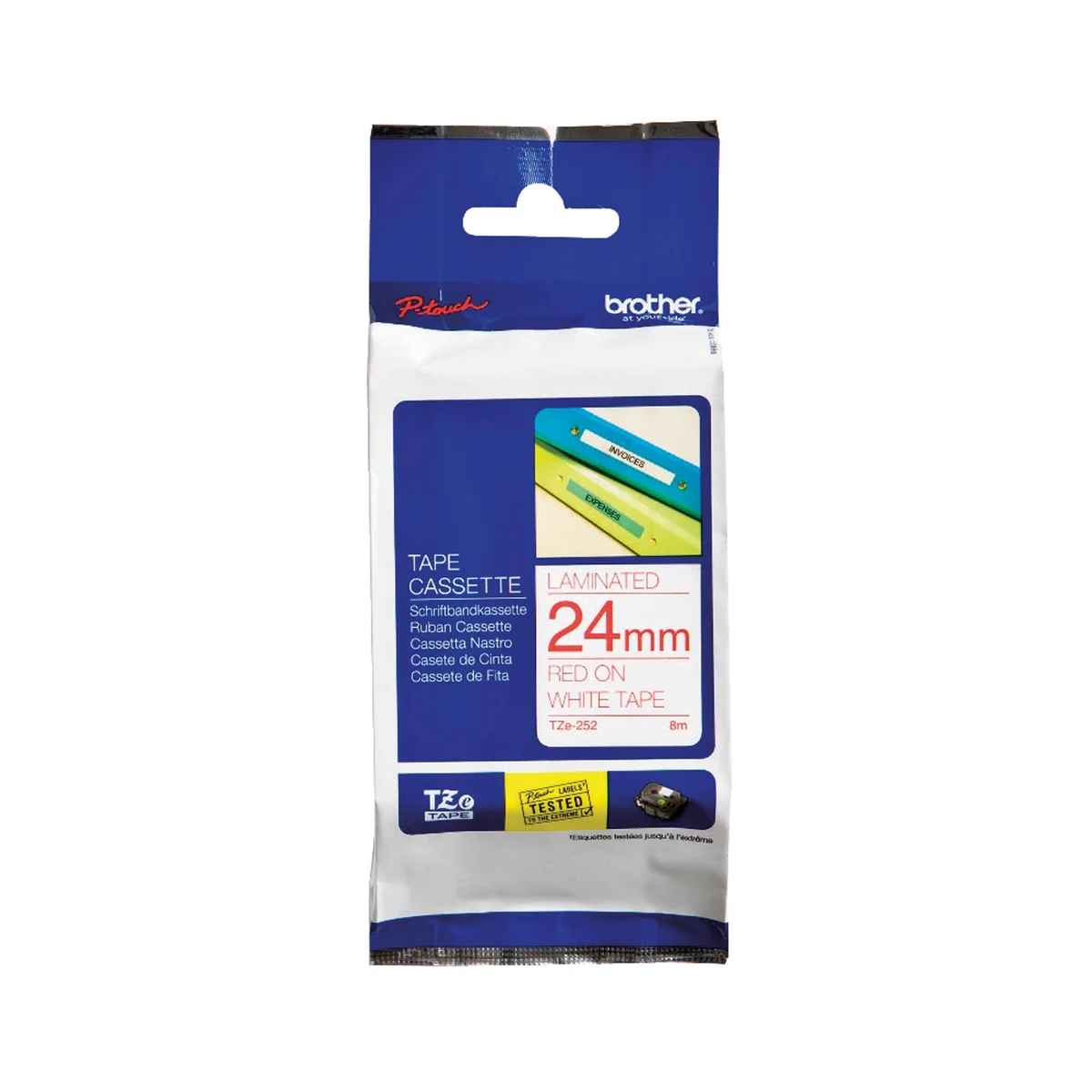 Brother P-Touch TZe Lam Tape Cassette 24mm x 8m Red on White Tape TZE252 - Image 1