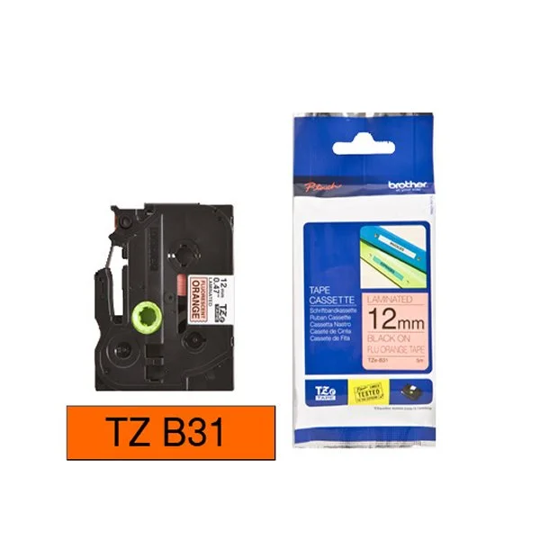 Brother P-Touch TZe Lam Tape Cassette 12mm x 8m Black on Fluorescent Orange Tape TZEB31 - Image 2