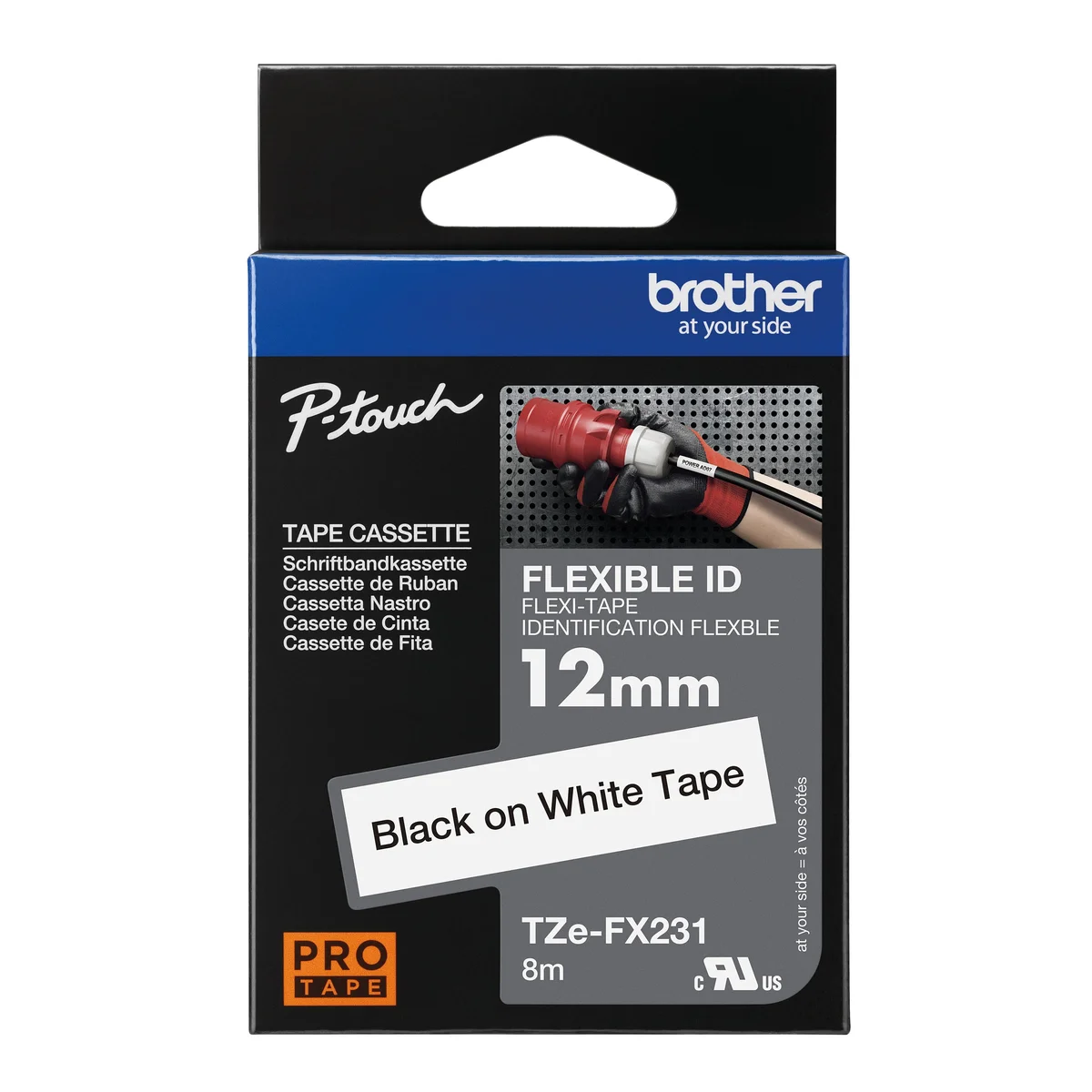 Brother P-Touch TZe Labelling Tape Cassette 12mmx8m Black/White Flexible ID Labelling Tape TZE-FX231 - Image 1