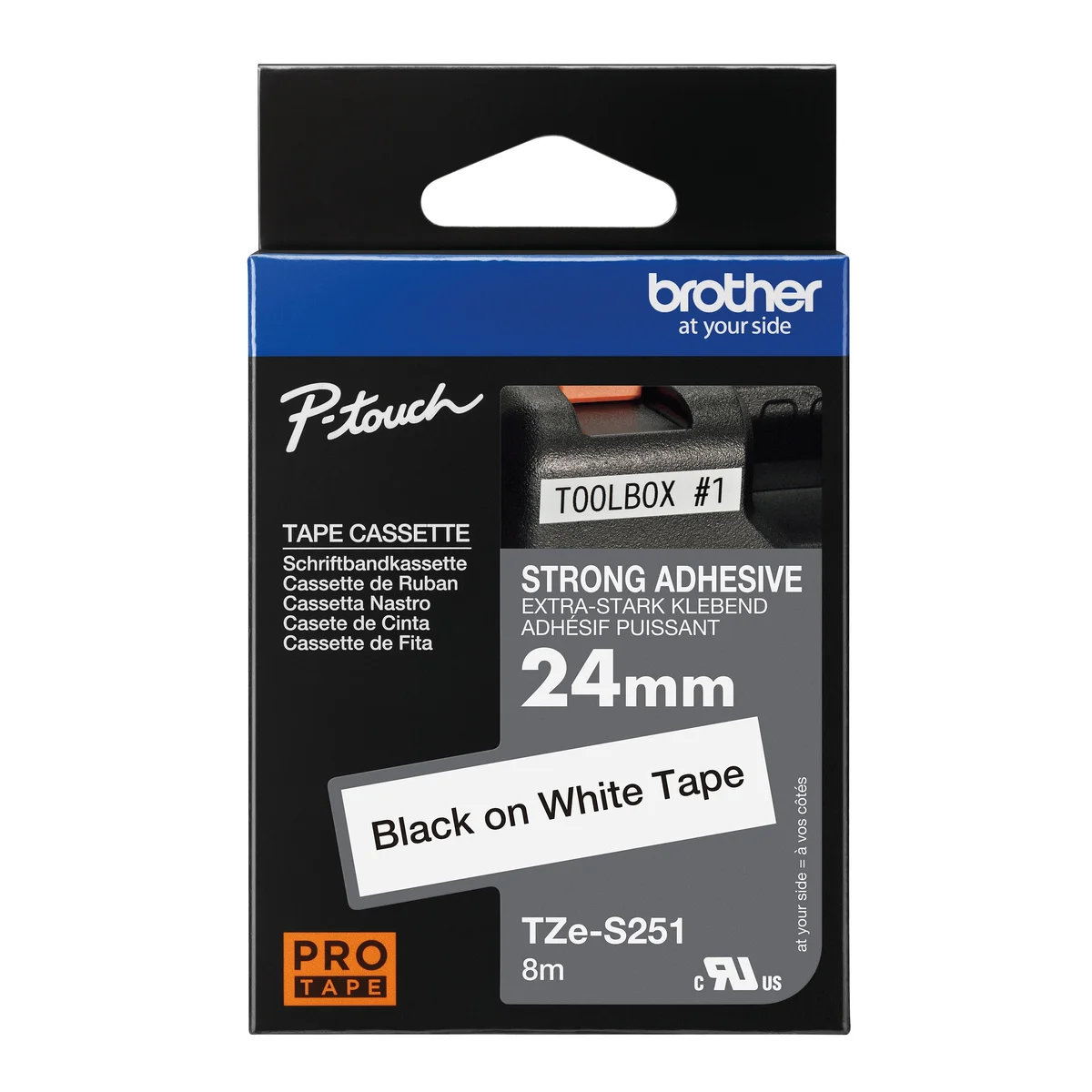Brother P-Touch TZe Lam Tape Cassette 24mm x 8m Black on White Tape TZE-S251 - Image 1