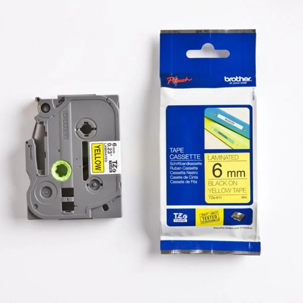 Brother P-Touch TZe Lam Tape Cassette 6mm x 8m Black on Yellow Tape TZE611 - Image 2