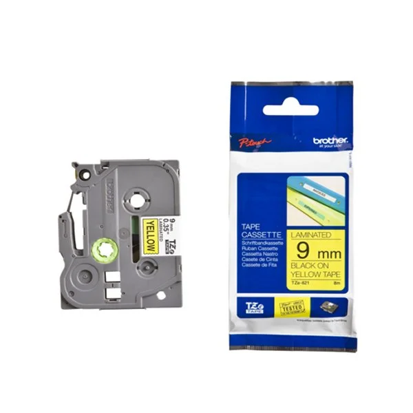 Brother P-Touch TZe Lam Tape Cassette 9mm x 8m Black on Yellow Tape TZE621 - Image 2