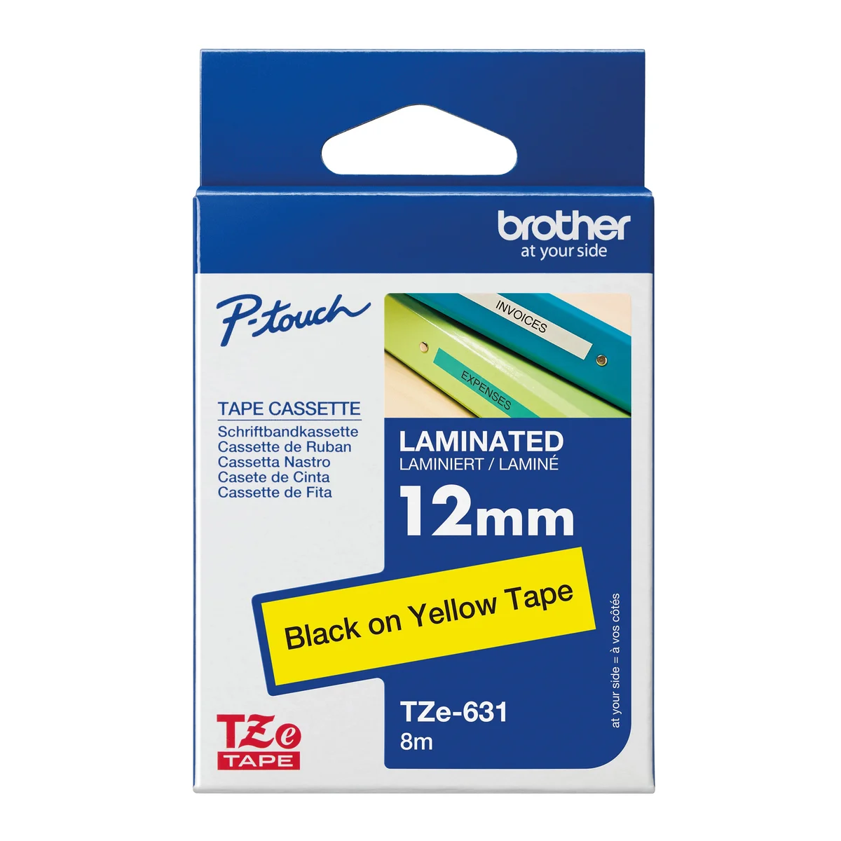 Brother P-Touch TZe Lam Tape Cassette 12mm x 8m Black on Yellow Tape TZE631 - Image 1