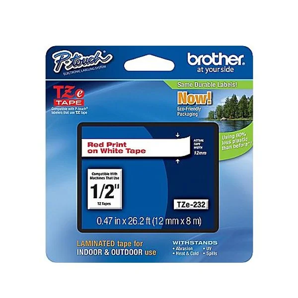 Brother P-Touch TZe Lam Tape Cassette 12mm x 8m Red on White Tape TZE232 - Image 2
