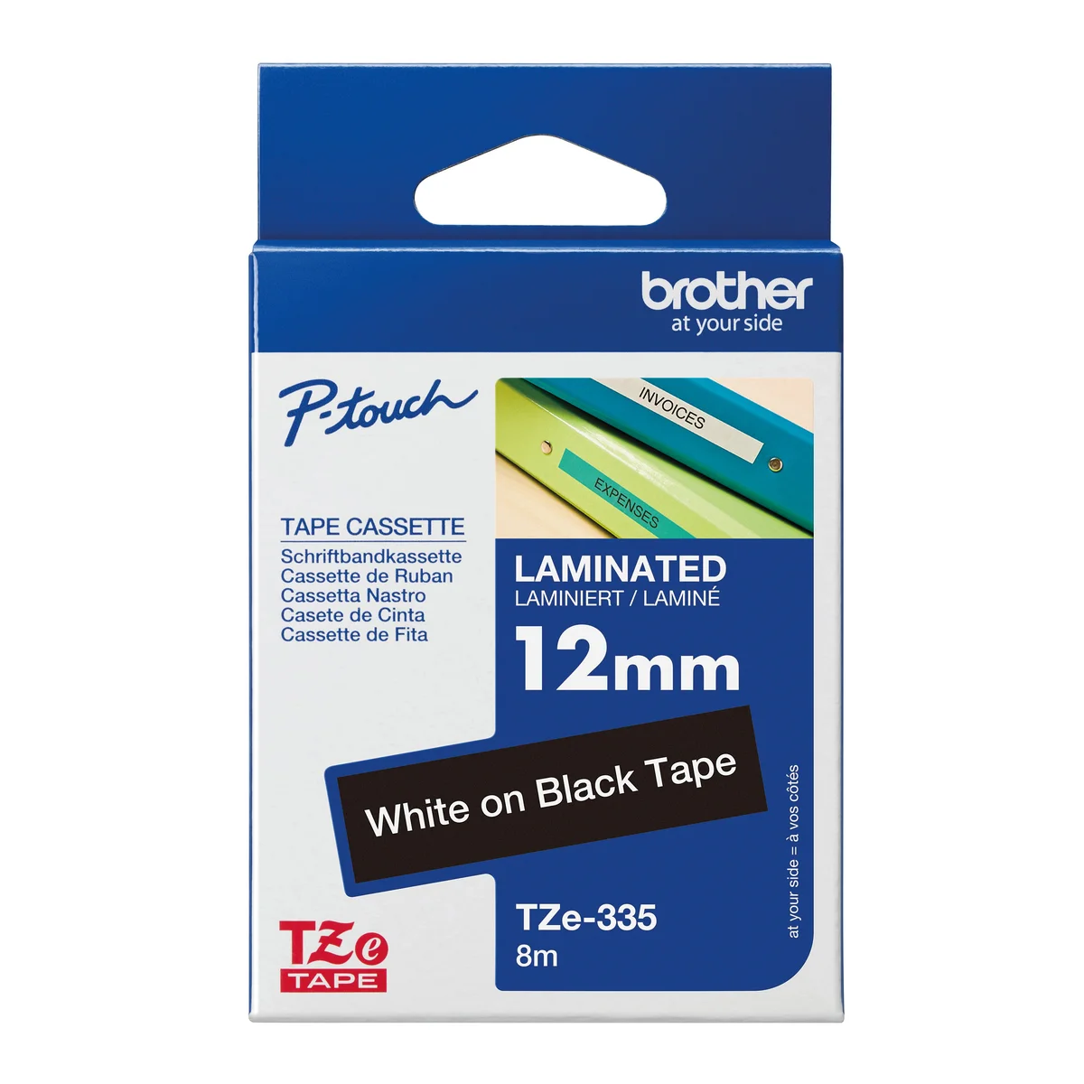 Brother P-Touch TZe Lam Tape Cassette 12mm x 8m White on Black Tape TZE335 - Image 1