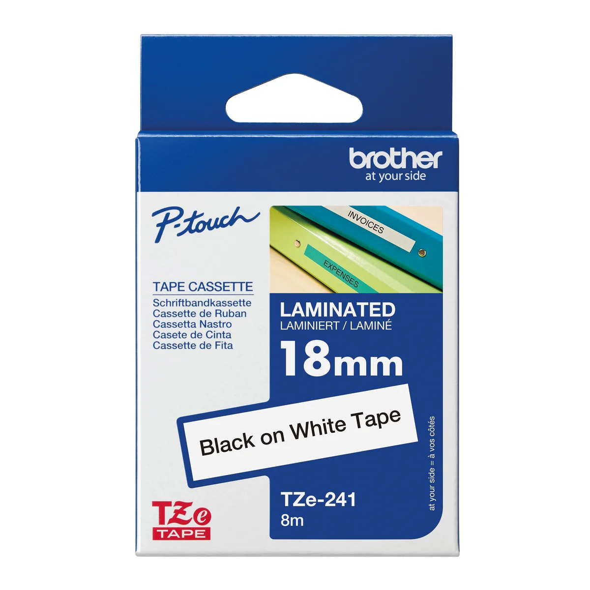 Brother P-Touch TZe Lam Tape Cassette 18mm x 8m Black on White Tape TZE241 - Image 1