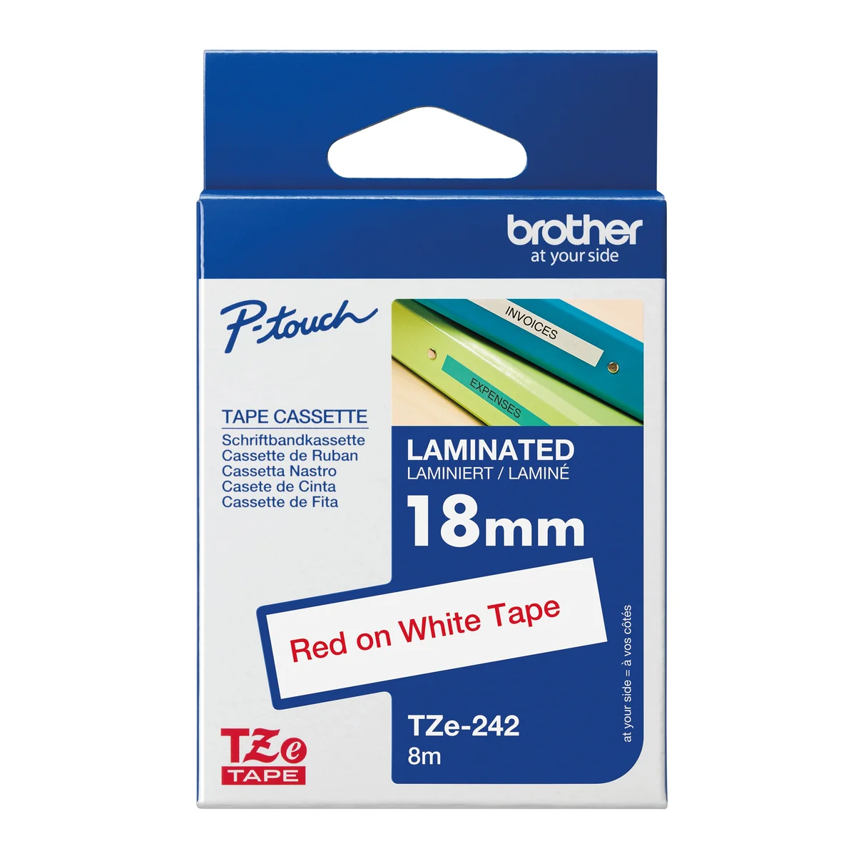 Brother P-Touch TZe Lam Tape Cassette 18mm x 8m Red on White Tape TZE242 - Image 1