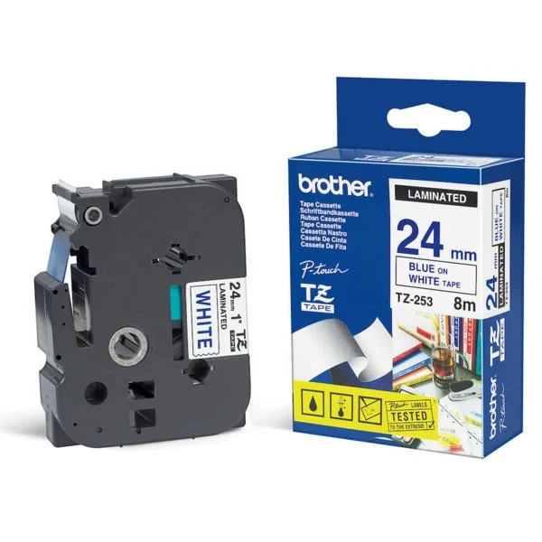 Brother P-Touch TZe Lam Tape Cassette 24mm x 8m Blue on White Tape TZE253 - Image 2