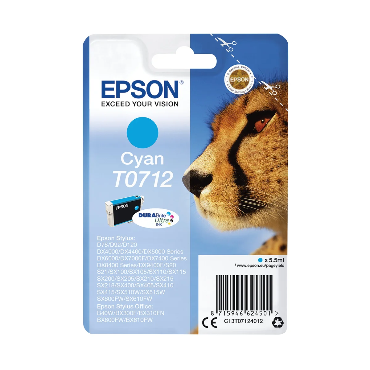 Epson T0712 Cheetah DURABrite Ultra Ink Cartridge Cyan C13T07124012 - Image 1