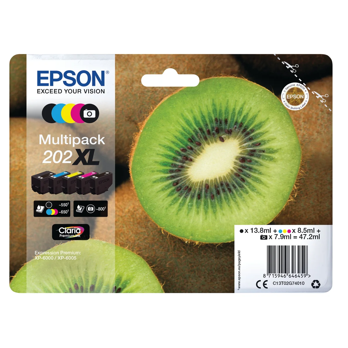Epson 202XL Kiwi Claria Premium Ink Cartridge High Yield CMYK/Photo Black Multipack C13T02G74010 - Image 1