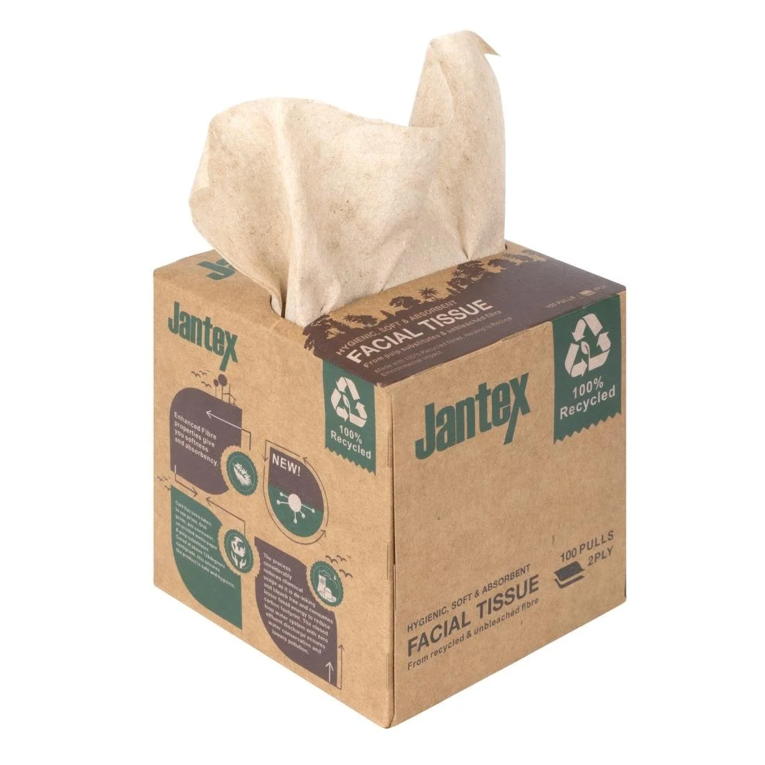 Jantex Green 100% Recycled Facial Tissue Cube 100 Sheets (36 Pack) - Image 1