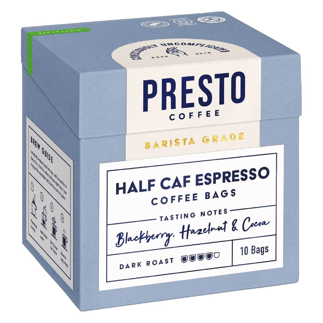 Presto Coffee Half Caf Espresso Coffee Bags Enveloped 8g (10 Pack) - Image 1