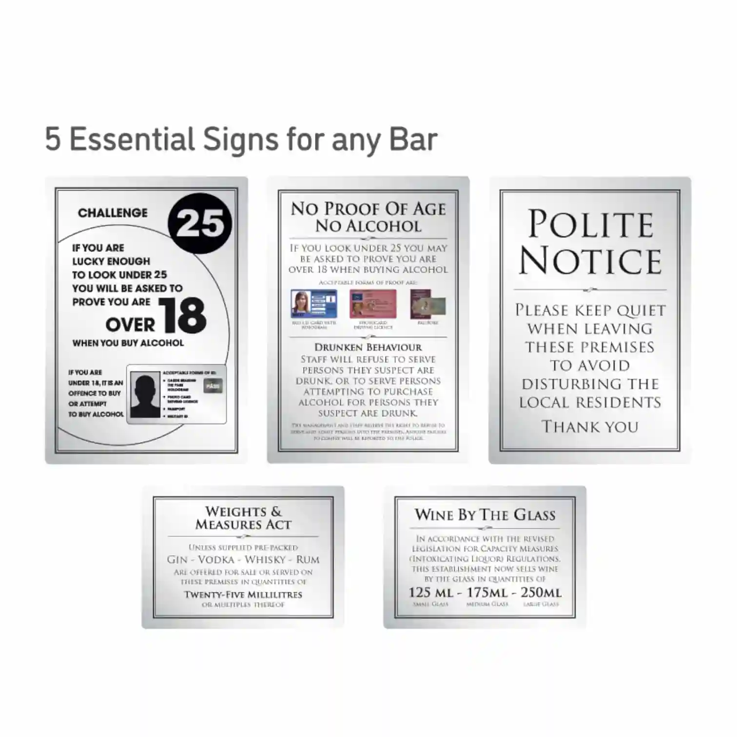 Essential Modern Bar Licensing Sign Pack - Silver - Image 1