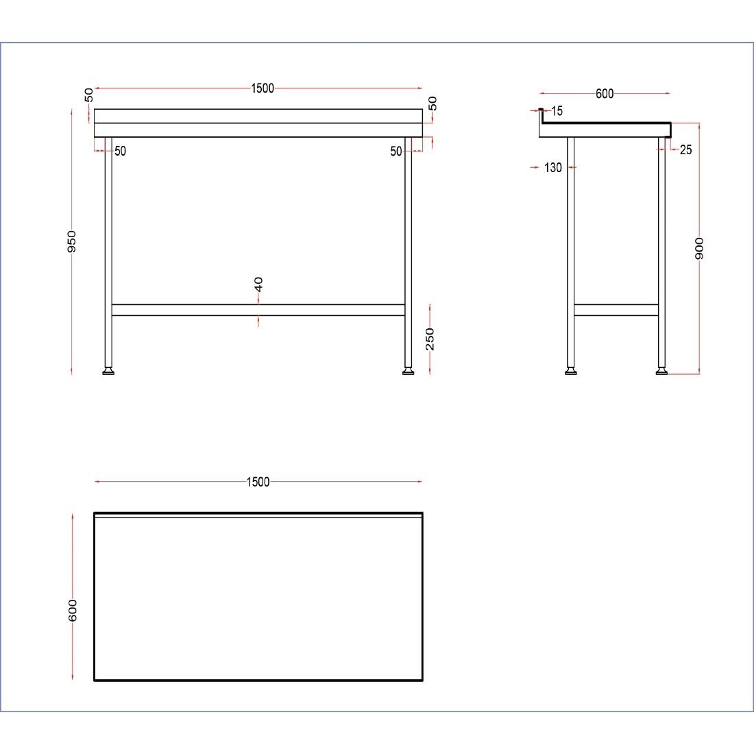 Holmes Stainless Steel Wall Table with Upstand 1500mm