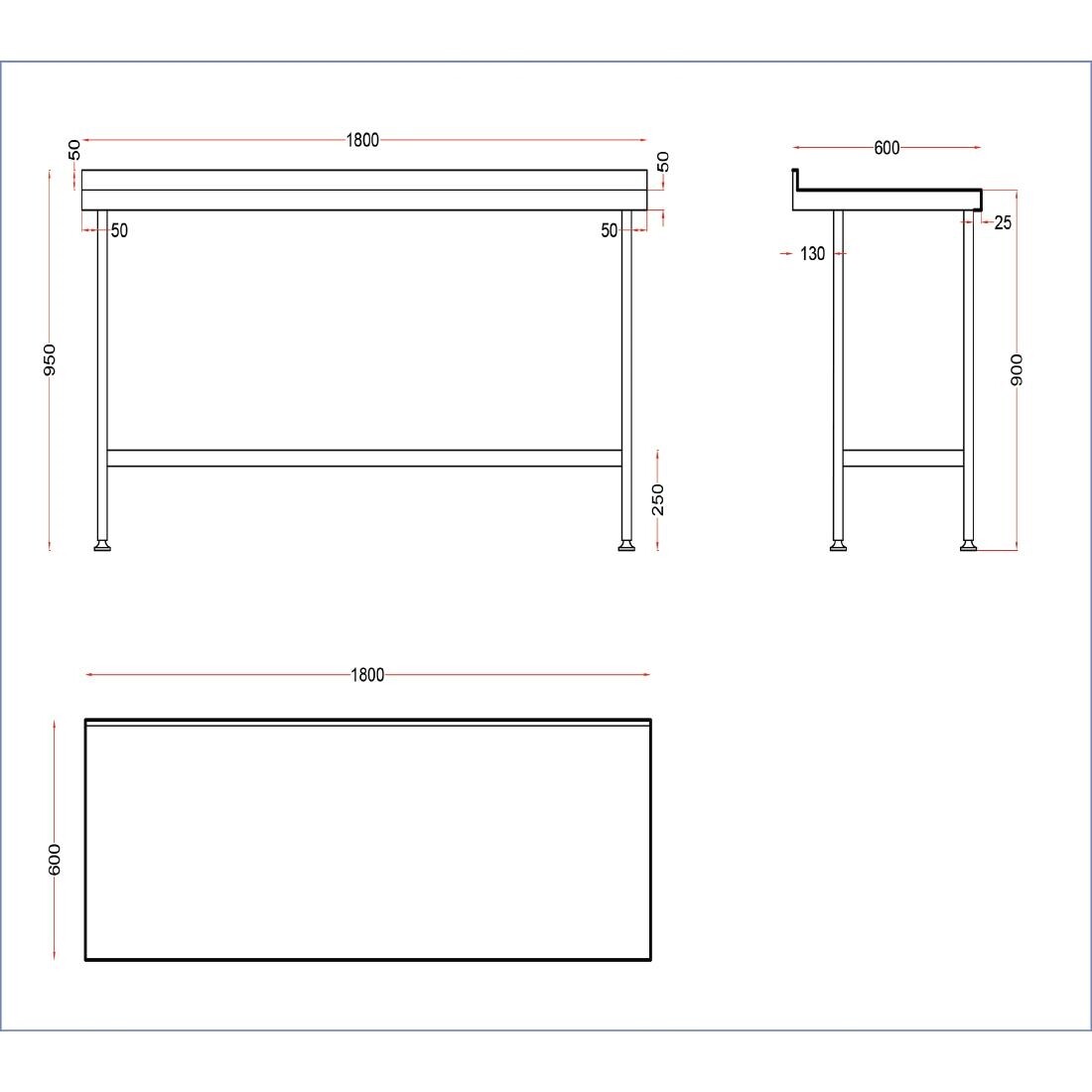Holmes Stainless Steel Wall Table with Upstand 1800mm