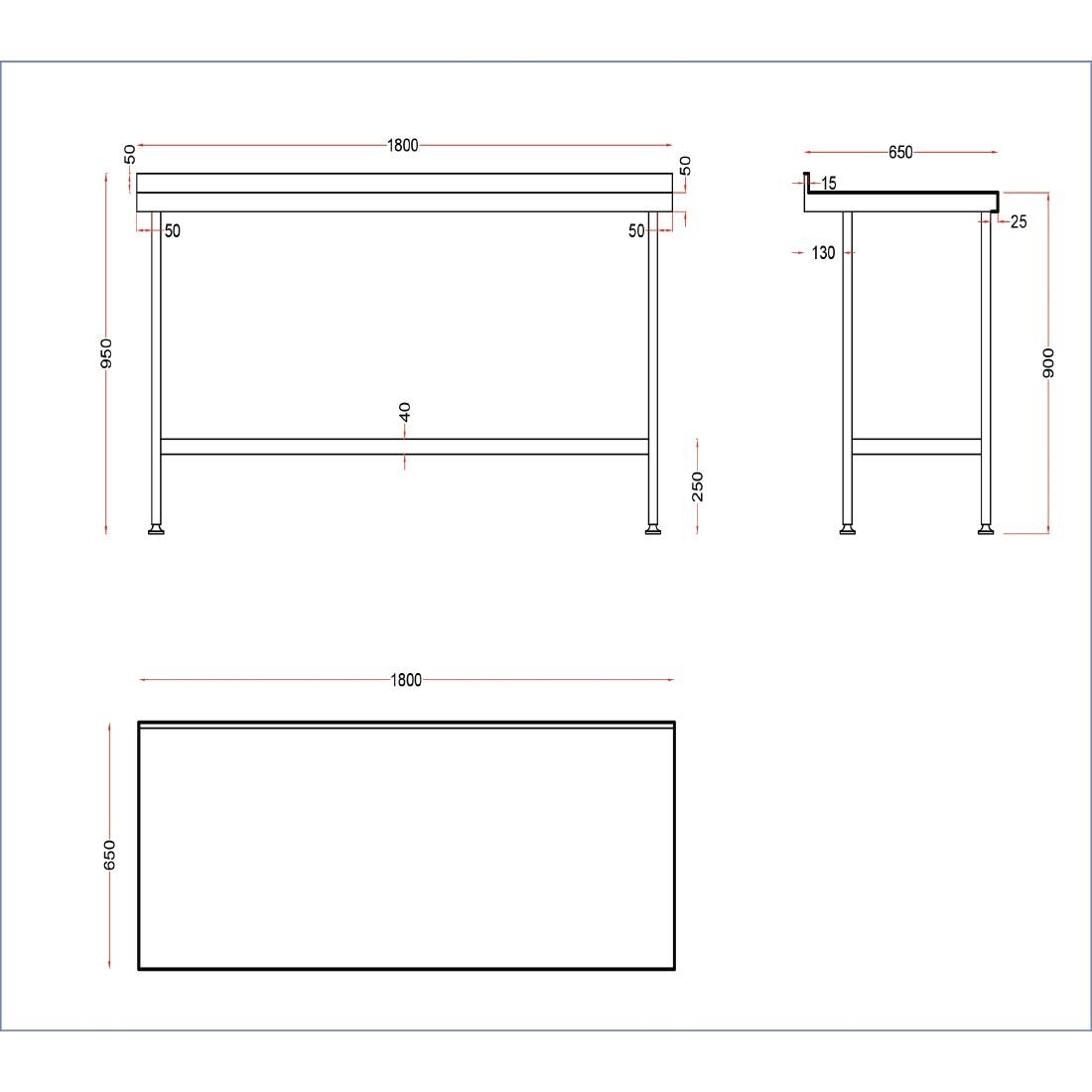 Holmes Stainless Wall Table with Upstand 1800mm
