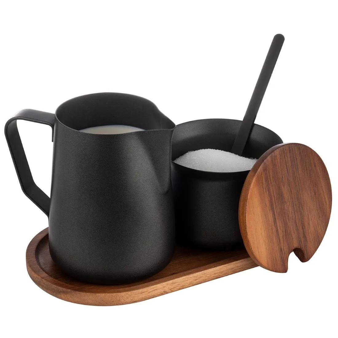 APS Acacia Wood And Stainless Steel Milk and Sugar Set - Image 3