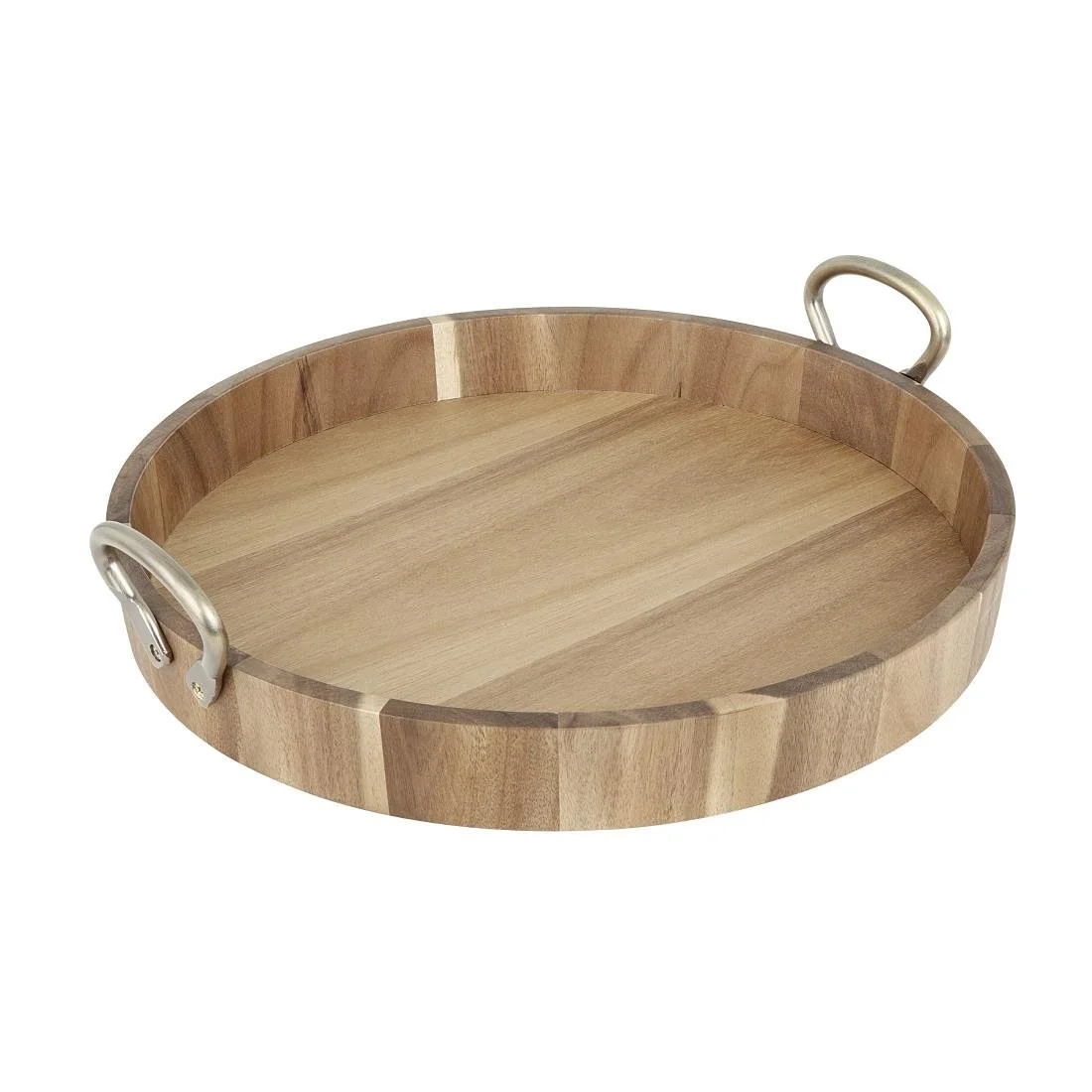 Olympia Round Tray Acacia Wood with Metal Handles 440x405x100mm - Image 2