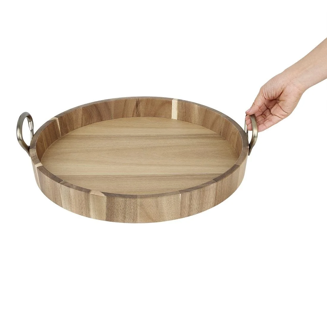 Olympia Round Tray Acacia Wood with Metal Handles 440x405x100mm - Image 5