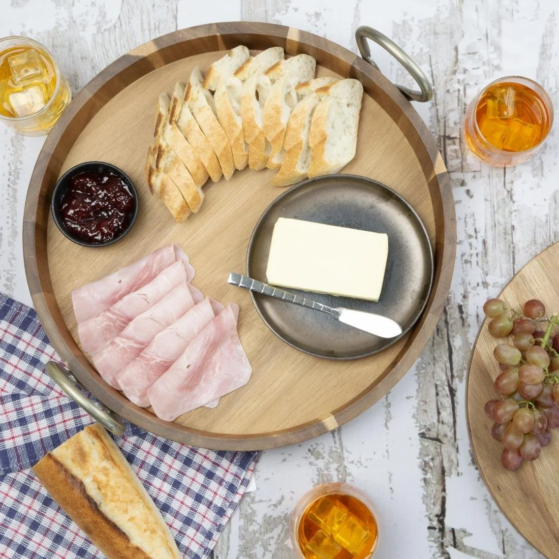 Olympia Round Tray Acacia Wood with Metal Handles 440x405x100mm - Image 6