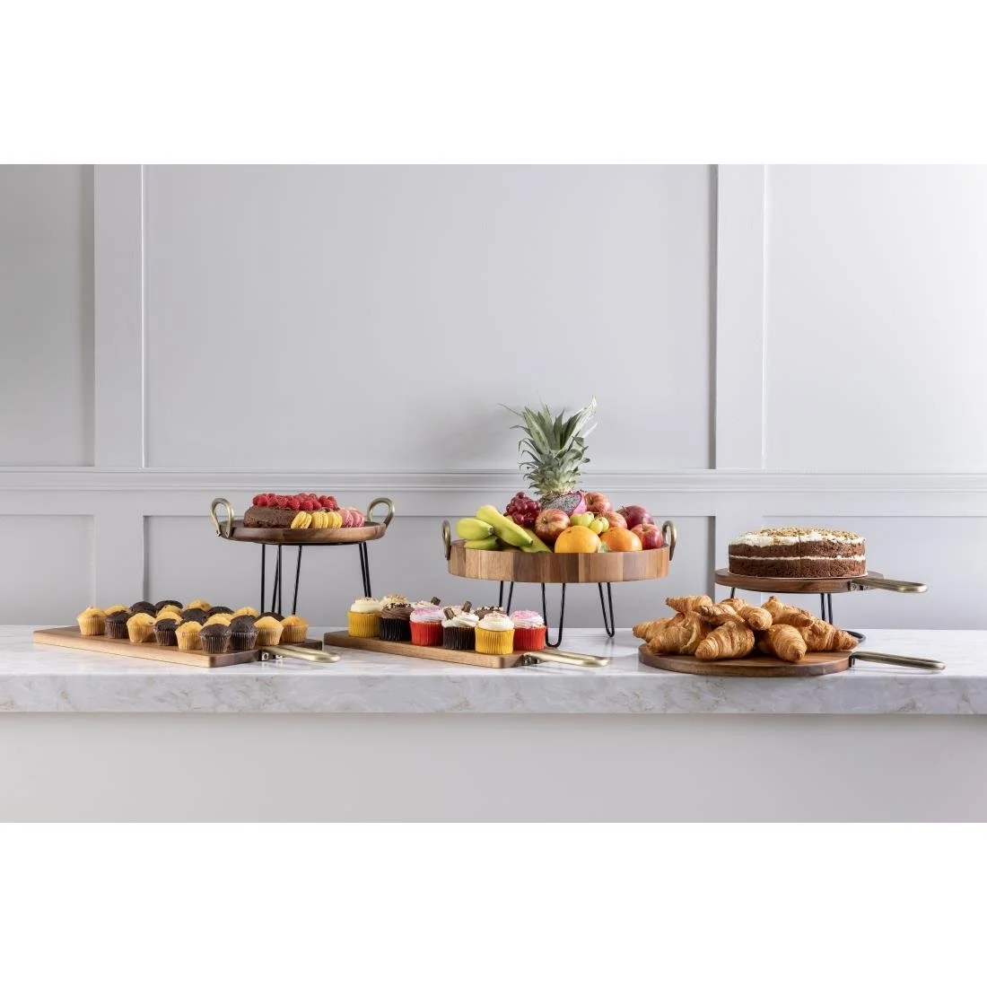 Olympia Round Tray Acacia Wood with Metal Handles 440x405x100mm - Image 7