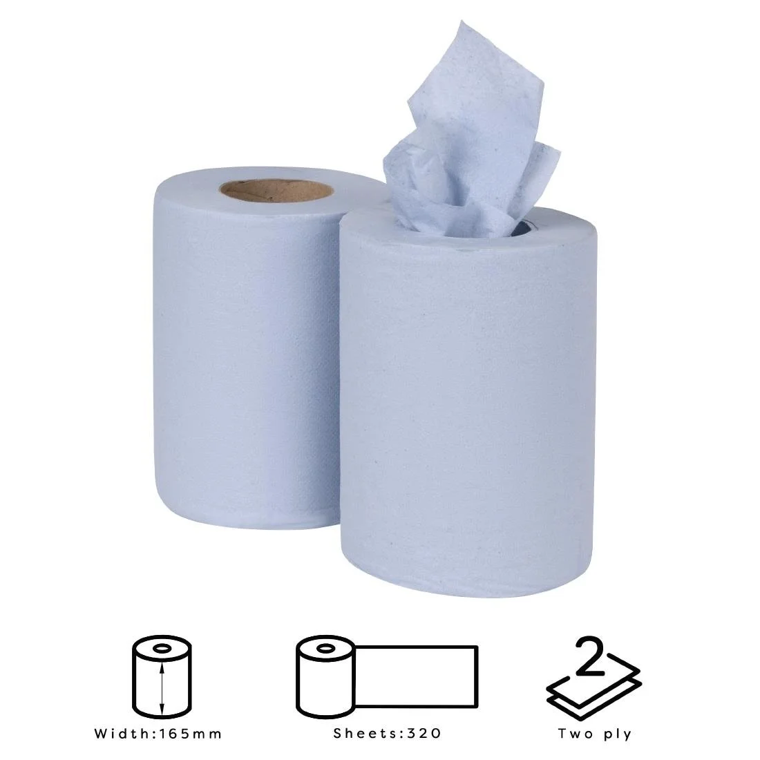 Nisbets Essentials Centrefeed Blue Rolls 2-Ply 320 Sheets (2 Pack) - Image 1