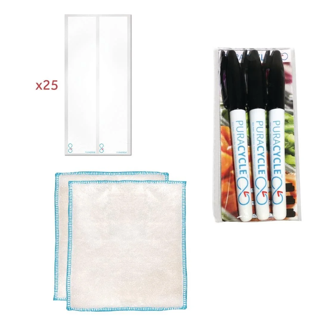 Puracycle Reusable Blank Bottle Label Pack (25 Labels, 2 Cloths) + Free Pens - Image 1