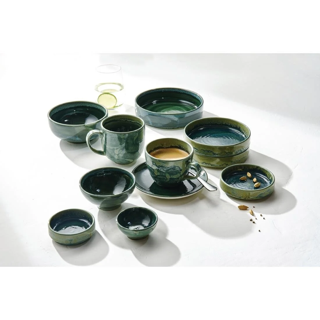 Steelite Aurora Vesuvius Burnt Emerald Round Stacking Trays 100mm (12 Pack) - Image 2
