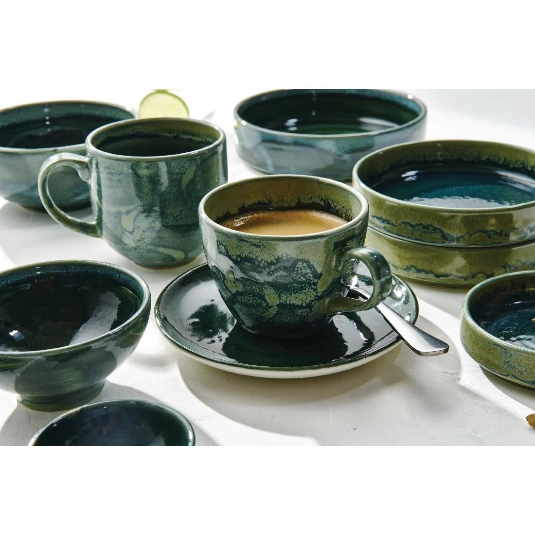 Steelite Aurora Vesuvius Burnt Emerald Round Stacking Trays 100mm (12 Pack) - Image 4