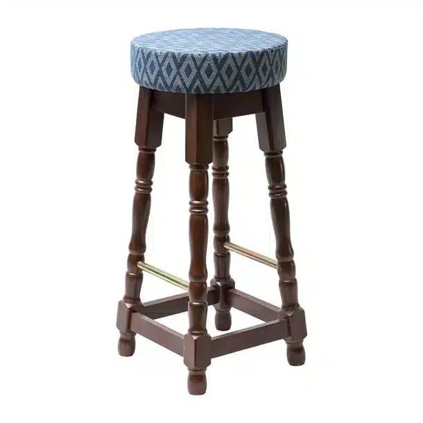 Classic Dark Wood High Bar Stool with Blue Diamond Seat