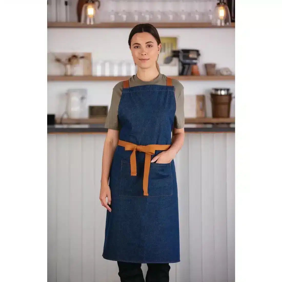 Southside X-Cross Back Apron Denim Blue Tan Ties