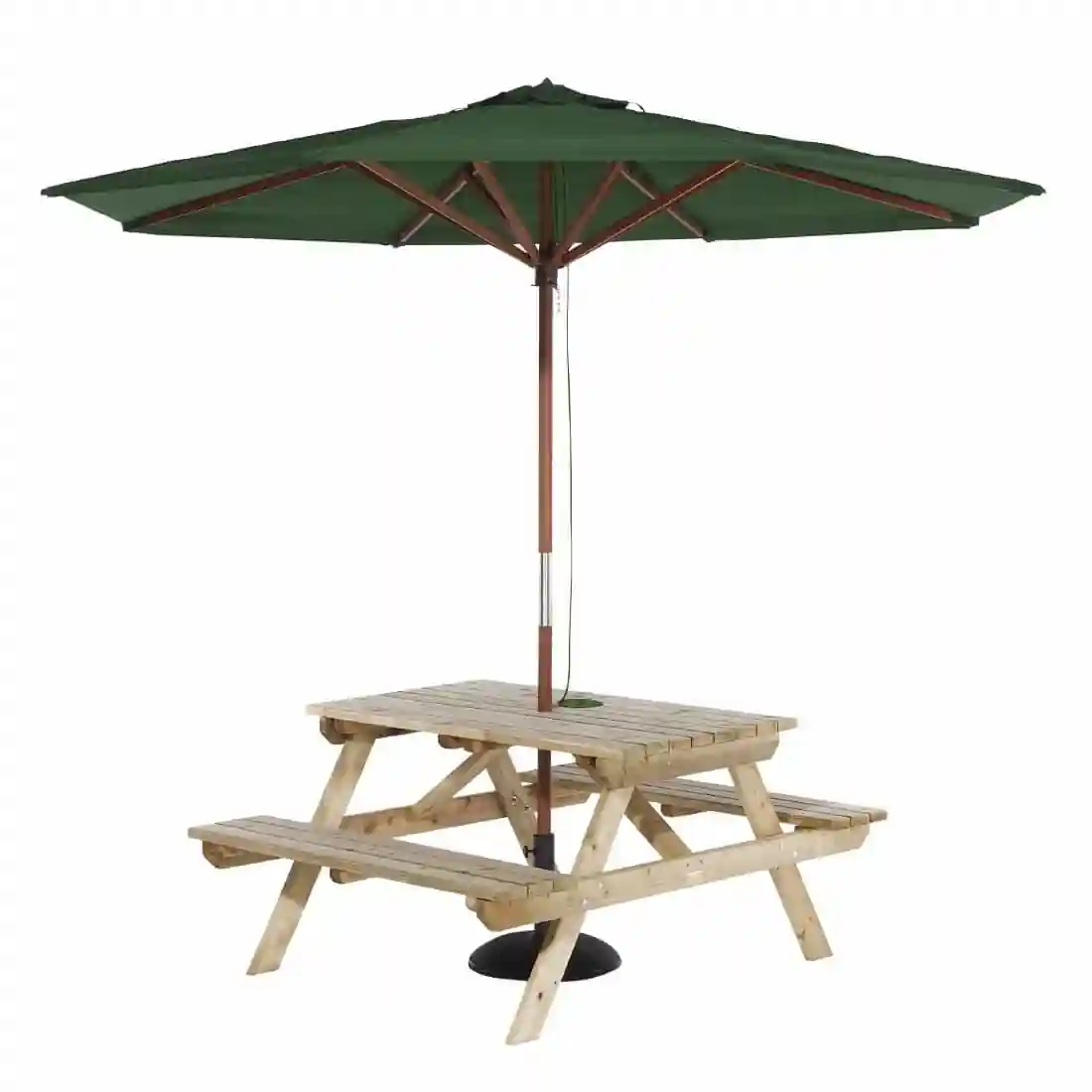 Rowlinson Picnic Table 4ft with Green Parasol 2.7m & Base 15kg - Image 1