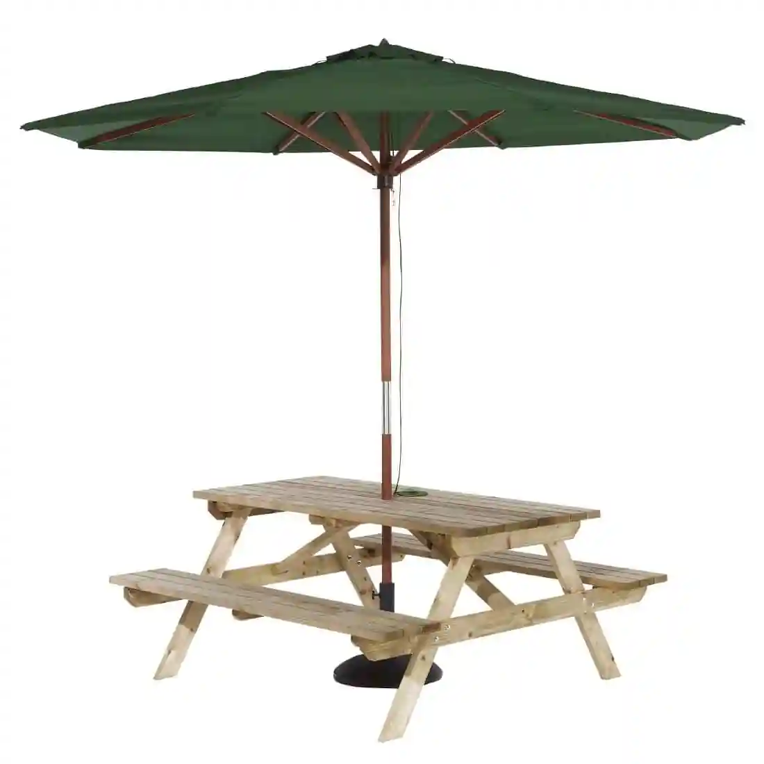 Rowlinson Picnic Table 5ft with Green Parasol 2.7m & Base 15kg - Image 1
