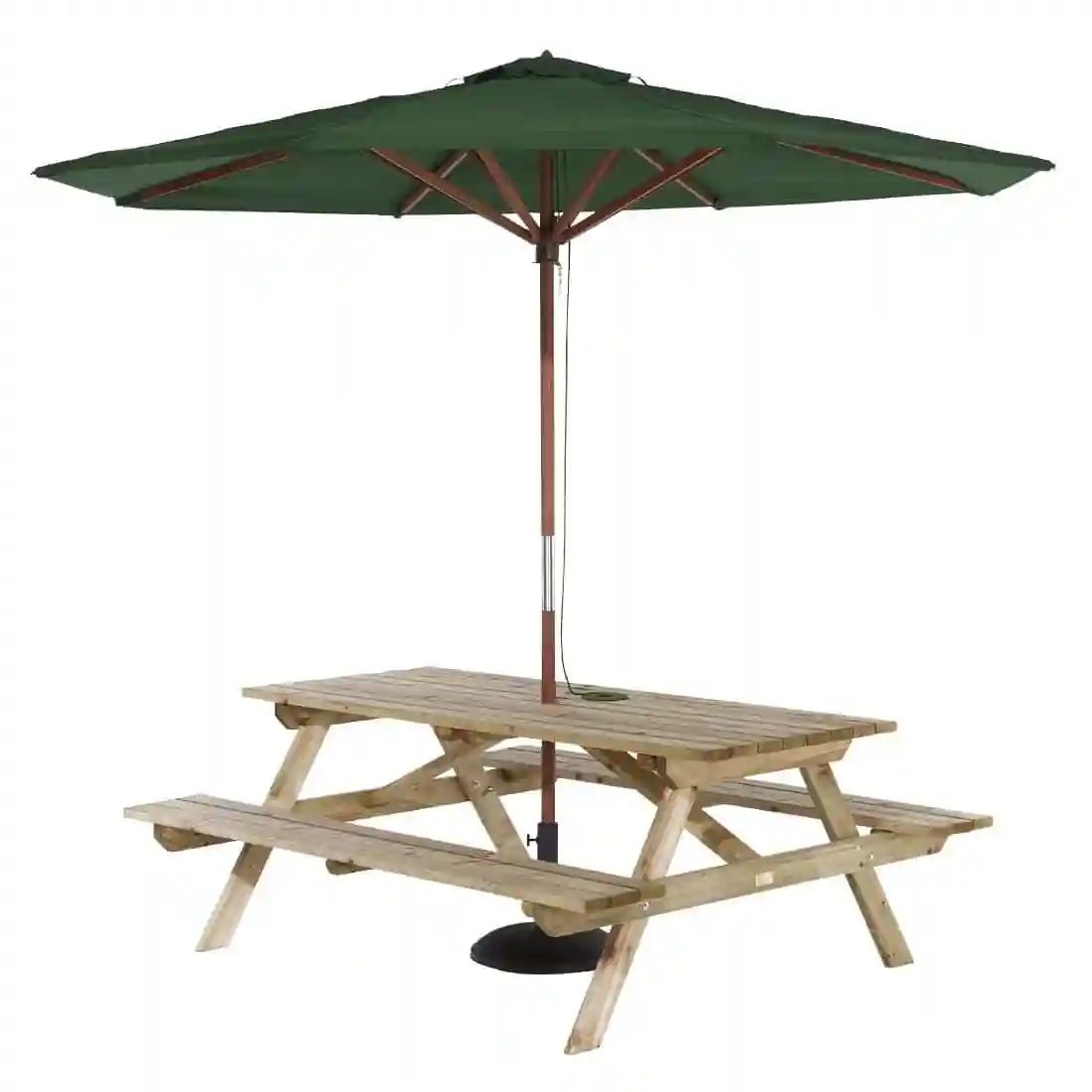 Rowlinson Picnic Table 6ft with Green Parasol 2.7m & Base 15kg - Image 1