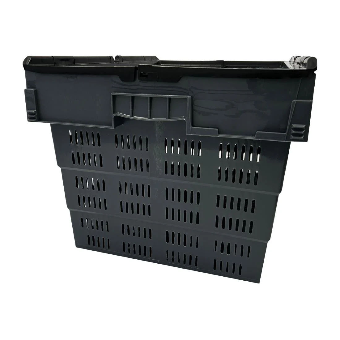 Vogue Perforated Plastic Transport Storage Crate with Attached Lid 600x400x320mm - Image 2