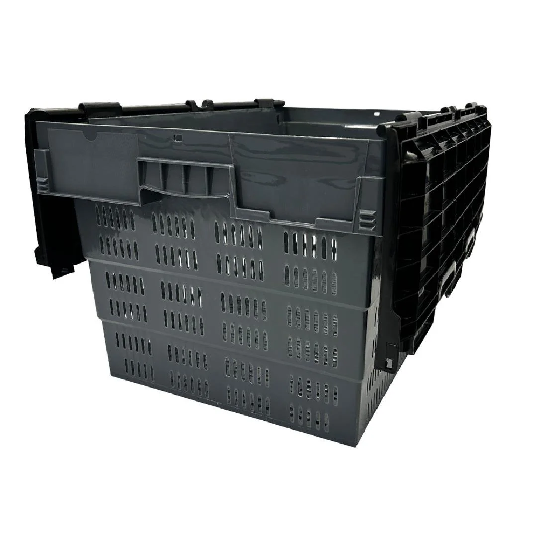 Vogue Perforated Plastic Transport Storage Crate with Attached Lid 600x400x320mm - Image 5