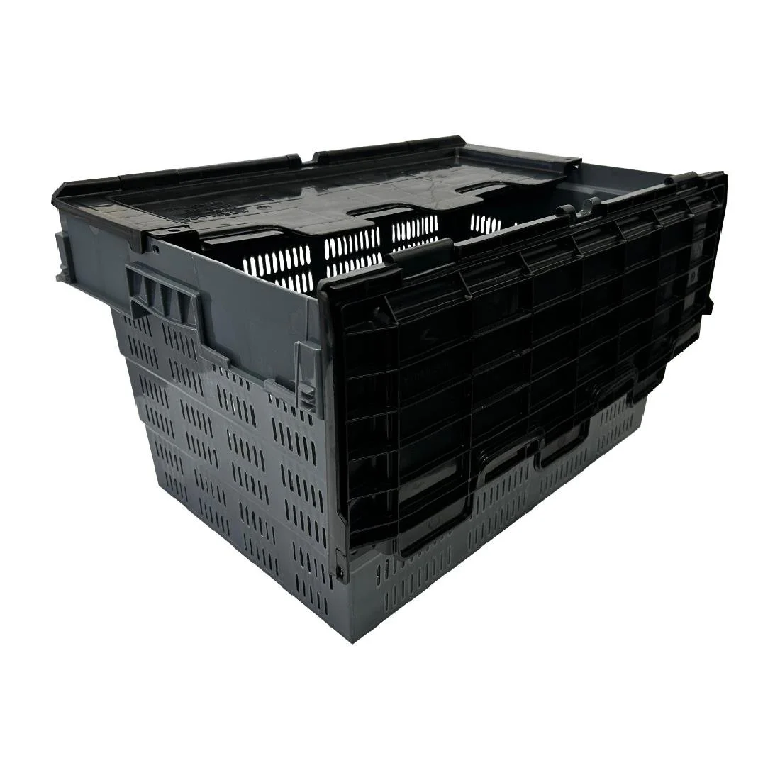 Vogue Perforated Plastic Transport Storage Crate with Attached Lid 600x400x320mm - Image 1
