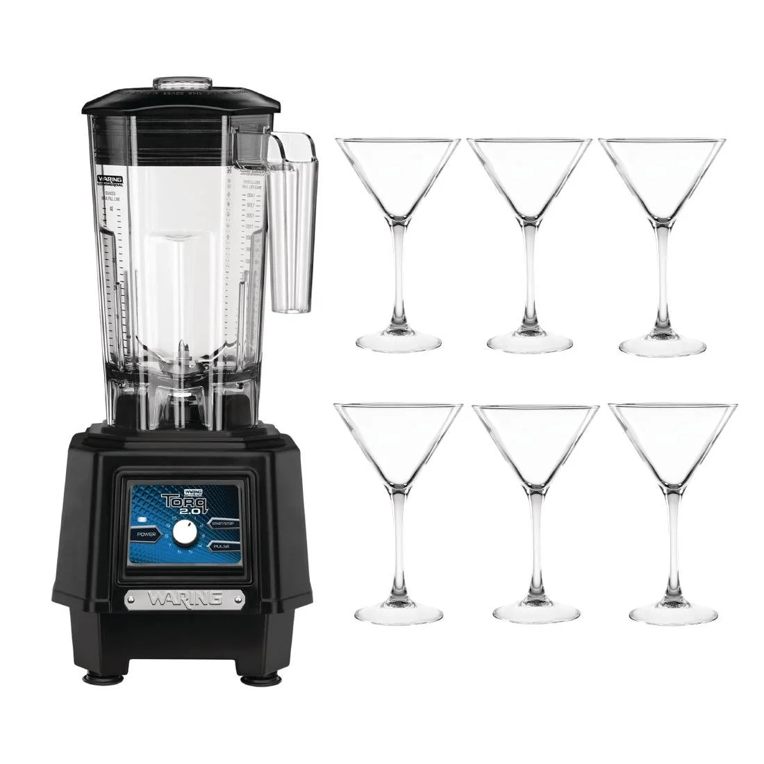 Waring Torq 2 Bar Blender TBB175K and Martini Glasses Bundle - Image 1