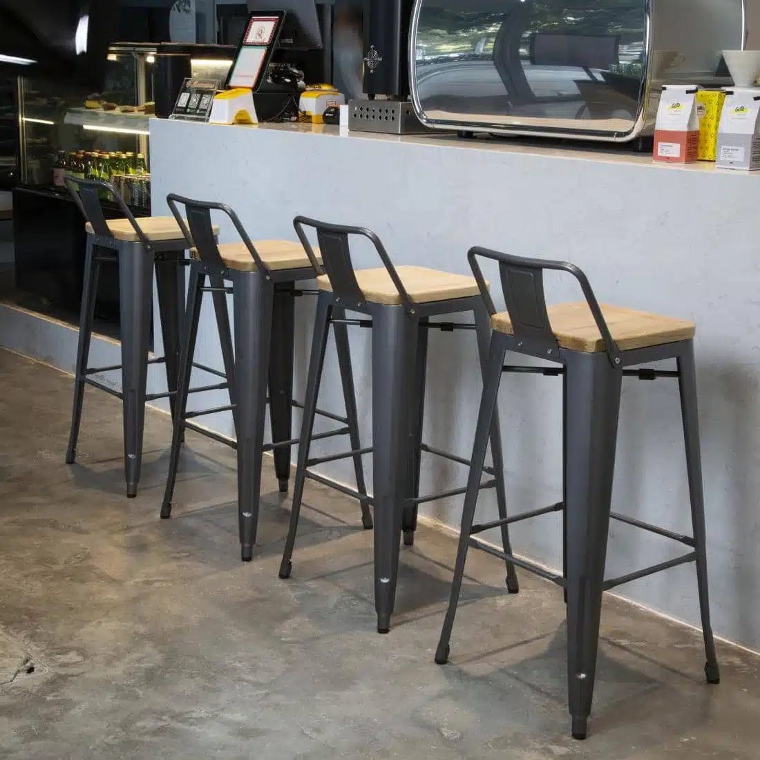 Bolero Bistro Backrest High Stools with Wooden Seat Pad Gun Metal (Pack of 4) - Image 8