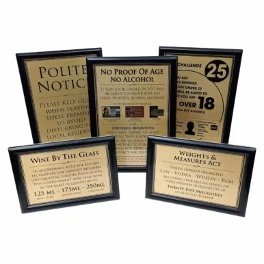 Framed Essential Modern Bar Licensing Sign Pack - Gold