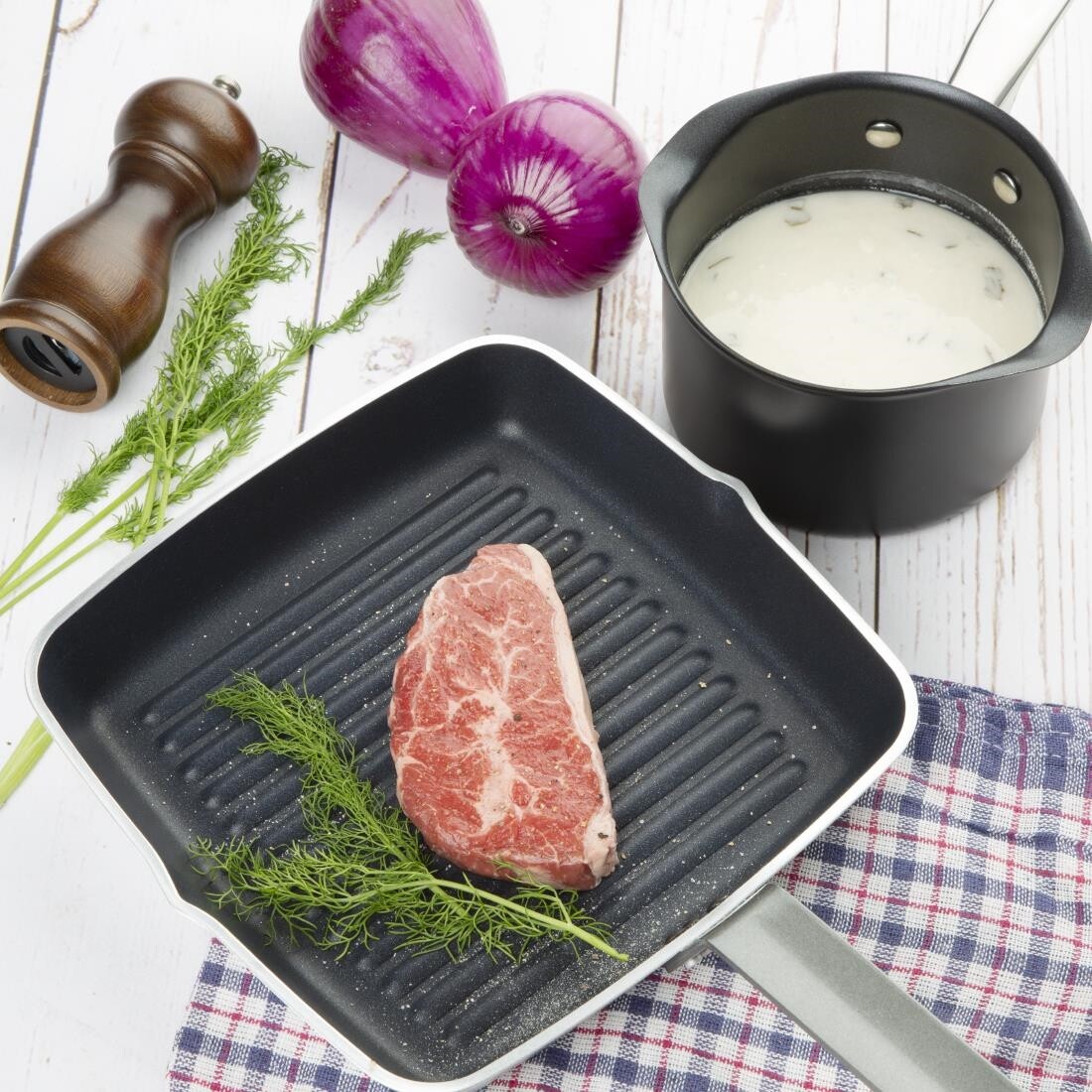 Vogue Square Non Stick Teflon Ribbed Skillet Pan 240mm