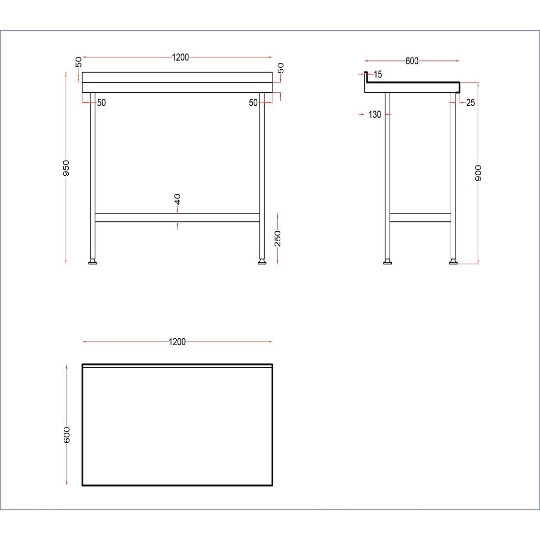 Holmes Stainless Steel Wall Table with Upstand 1200mm