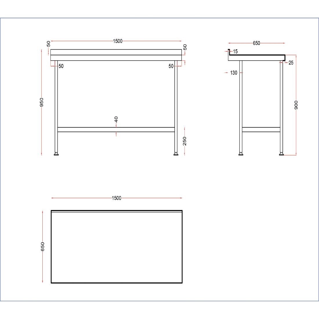 Holmes Stainless Steel Wall Table with Upstand 1500mm