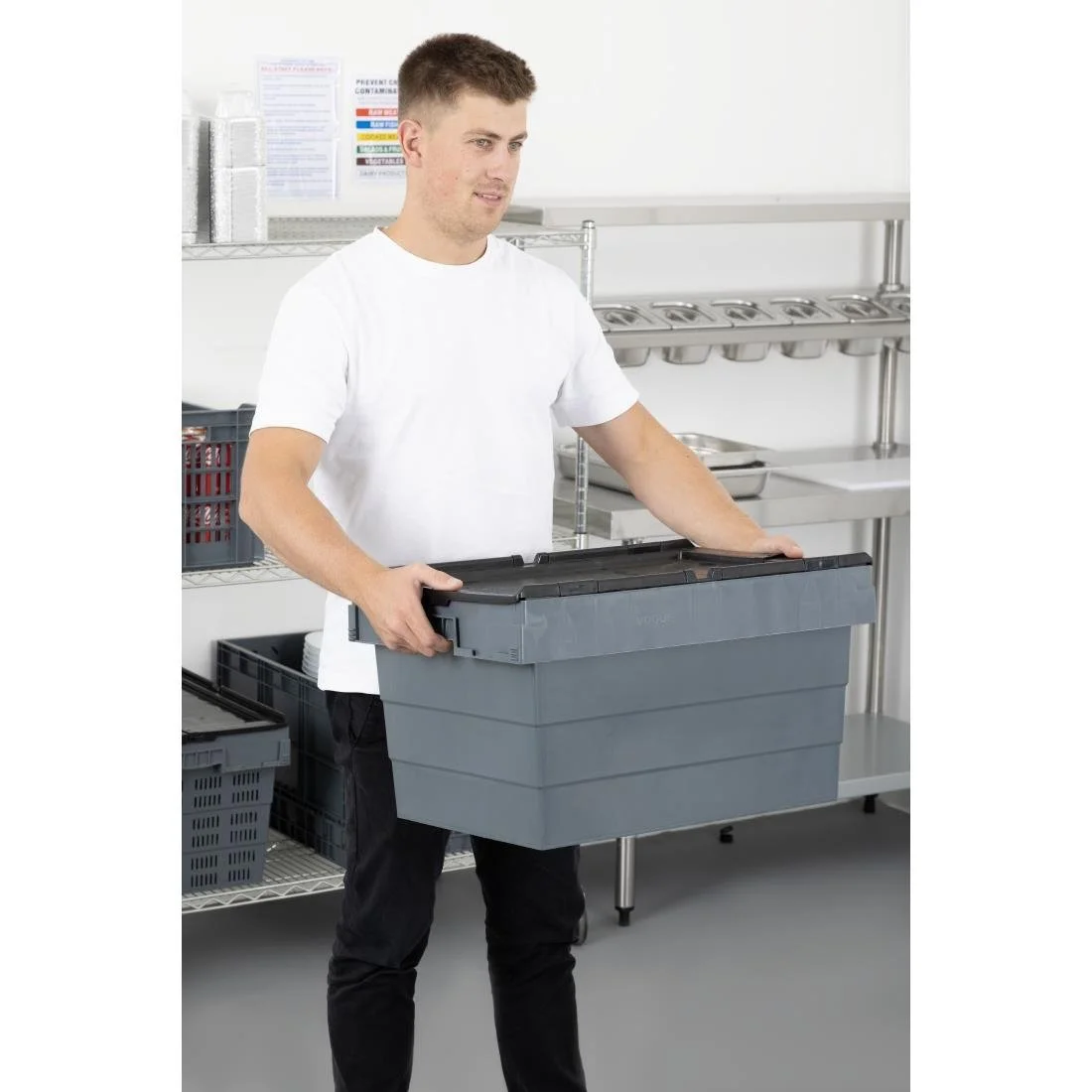 Vogue Plastic Transport Storage Crate with Attached Lid 600x400x320mm - Image 10