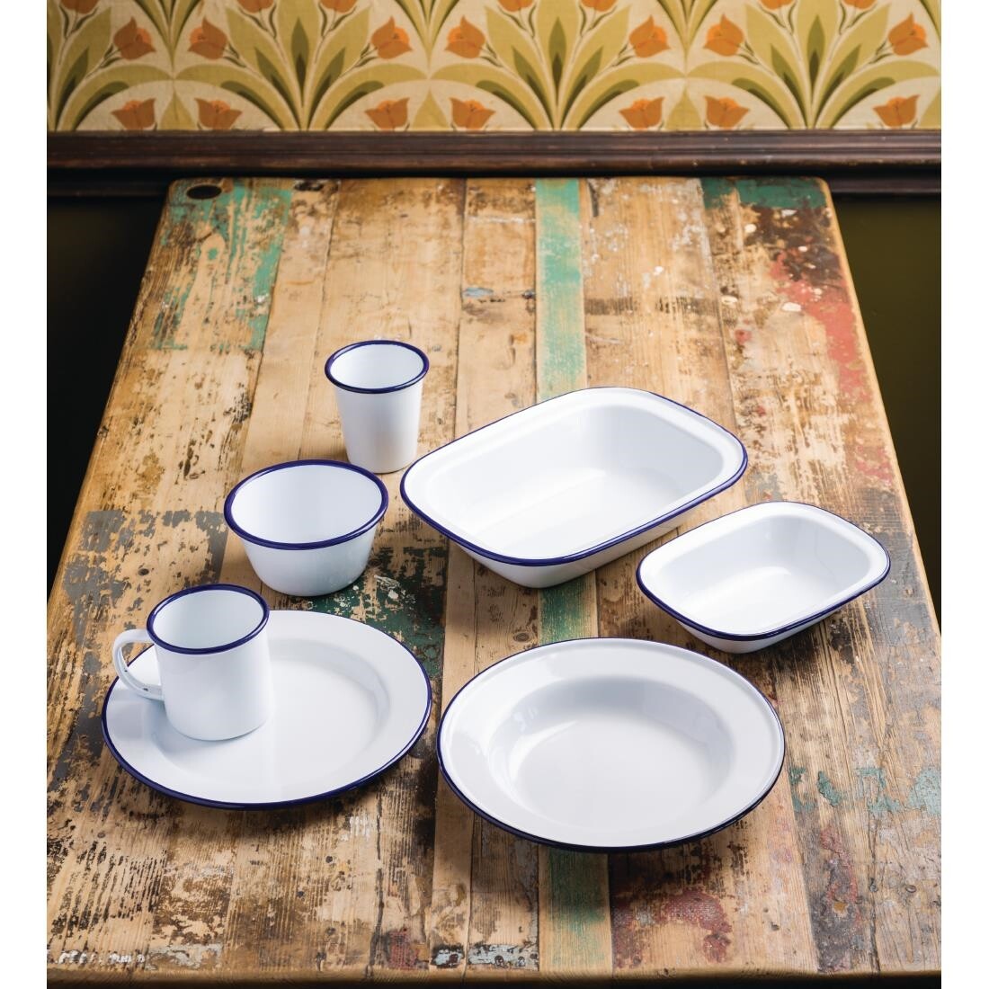 Olympia Enamel Sauce Cup White and Blue