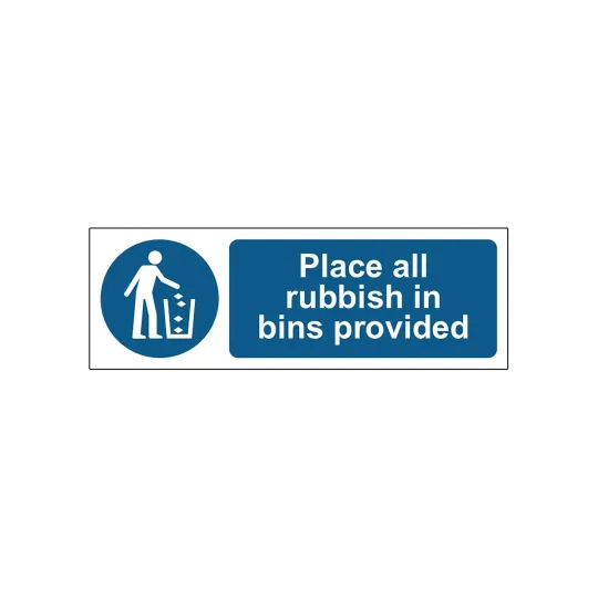 MyCafe Place All Rubbish In Bins Provided Sign 1.2mm PP 300x100mm MYC10682